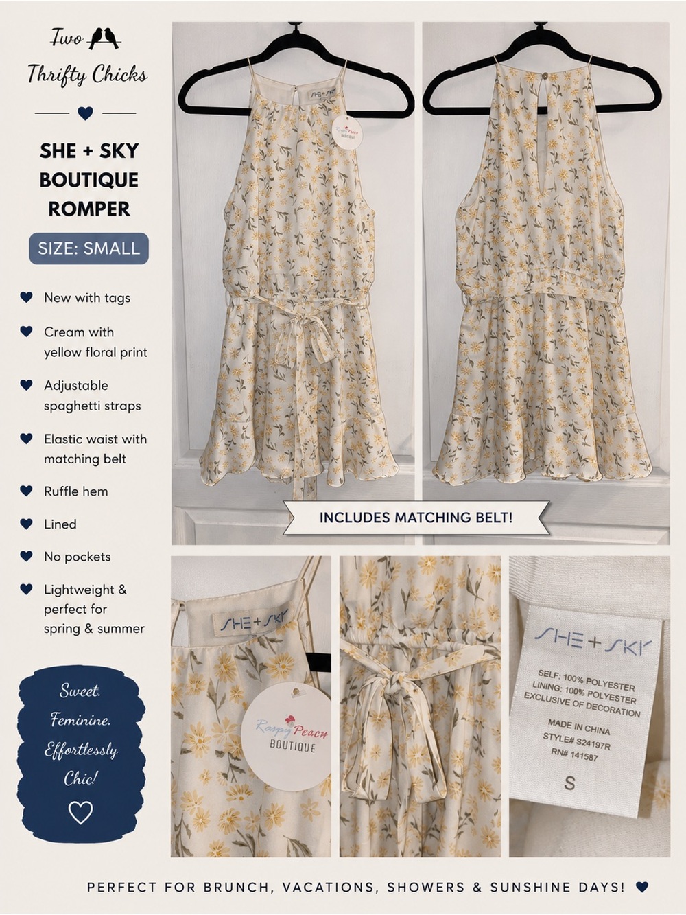 SHE + SKY Cream & Yellow Floral Women’s Romper - Small - NWT